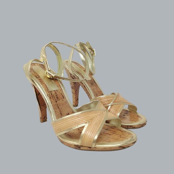 Enzo Angiolini Tan Heels 7 Gold Cork - Picture 1 of 12